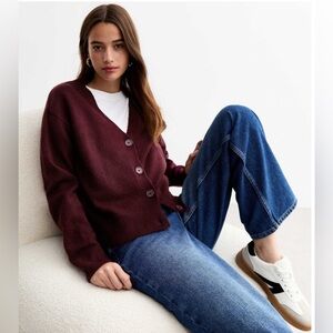 New Look Crop Length Burgundy Cardigan Sweater